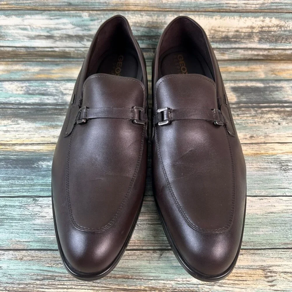 GEOX Mens Waterproof Leather Loafers Size 12/45 Wide Fit Dark Brown Dress Shoes